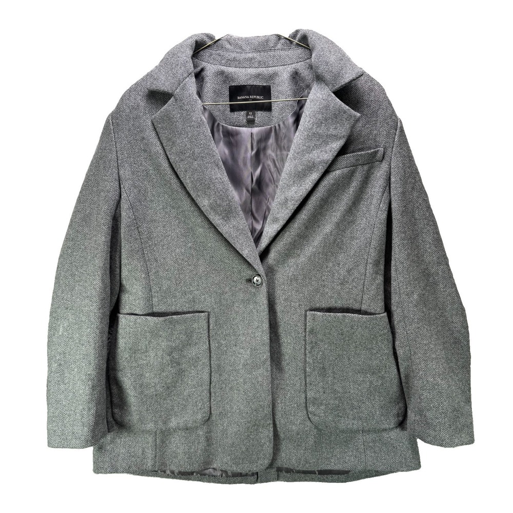 Banana Republic Blazer Burgundy Womens Size 12 Gray Wool Herringbone Jacket